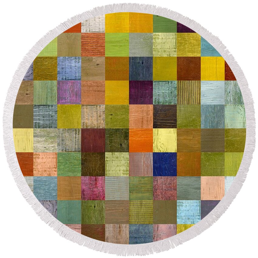 Abstract Round Beach Towel featuring the painting Soft Palette Rustic Wood Series With Stripes lll by Michelle Calkins