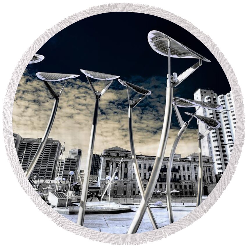 Architecture Round Beach Towel featuring the photograph Solar City by Wayne Sherriff