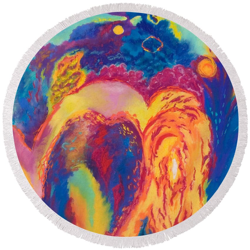 Abstract Colors Vivid Solar Sun Blue Fuchsia Yellow Orange Gold Red Purple Turquoise Carnival Round Beach Towel featuring the pastel Solar Flares by Brenda Salamone