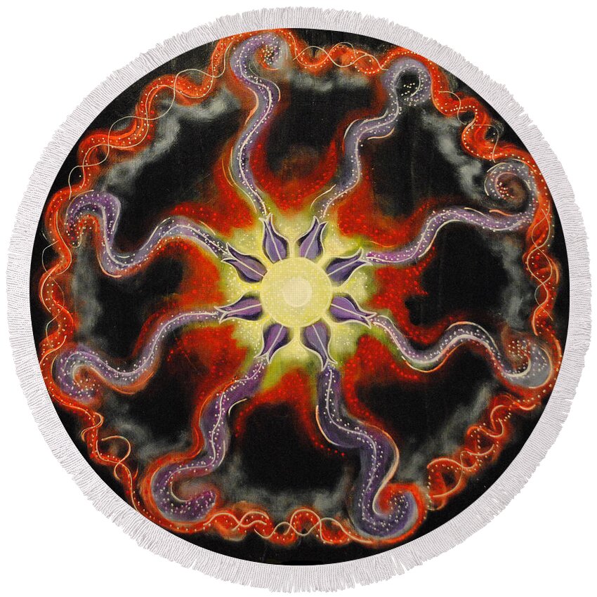 Sun Round Beach Towel featuring the painting Solar Soul Red Illumination by Patricia Arroyo