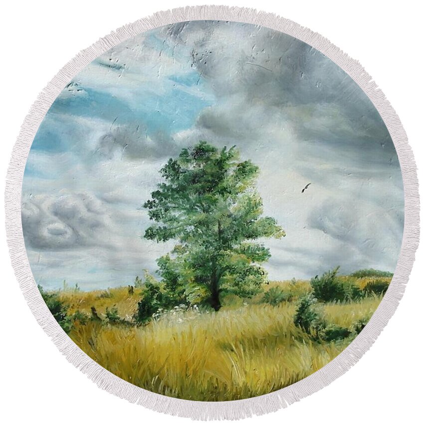 Summer Round Beach Towel featuring the painting Solitude by Sorin Apostolescu