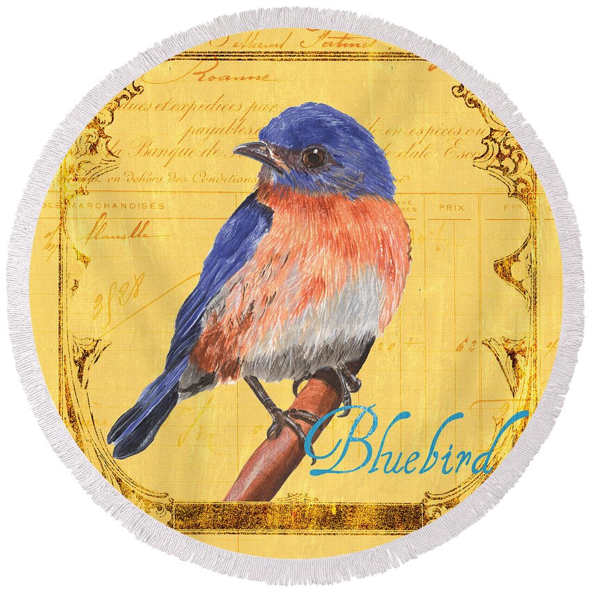 Bird Round Beach Towel featuring the painting Colorful Songbirds 1 by Debbie DeWitt