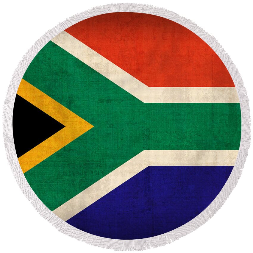 South Africa Flag Vintage Distressed Finish Round Beach Towel featuring the mixed media South Africa Flag Vintage Distressed Finish by Design Turnpike
