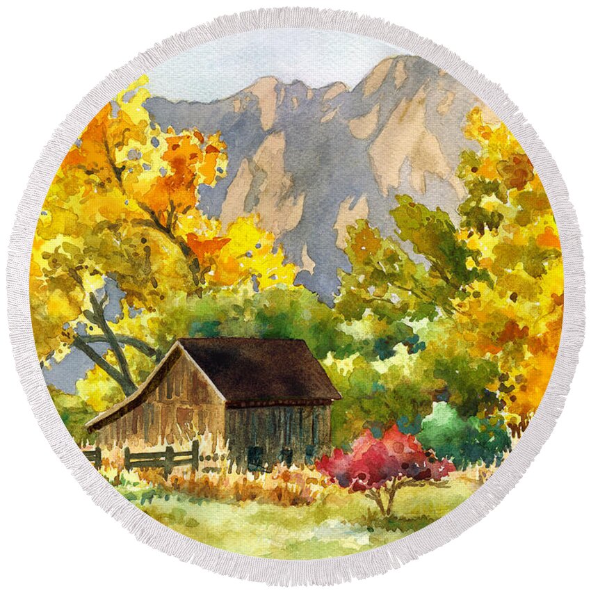 Barn Painting Round Beach Towel featuring the painting South Boulder Barn by Anne Gifford