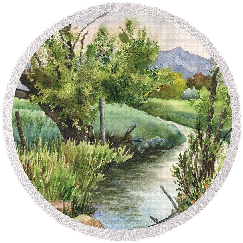 Landscape Painting Round Beach Towel featuring the painting South Boulder Creek by Anne Gifford