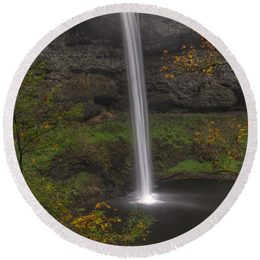 October. Silver Falls State Park Round Beach Towel featuring the photograph South Falls 1 by Mark Kiver