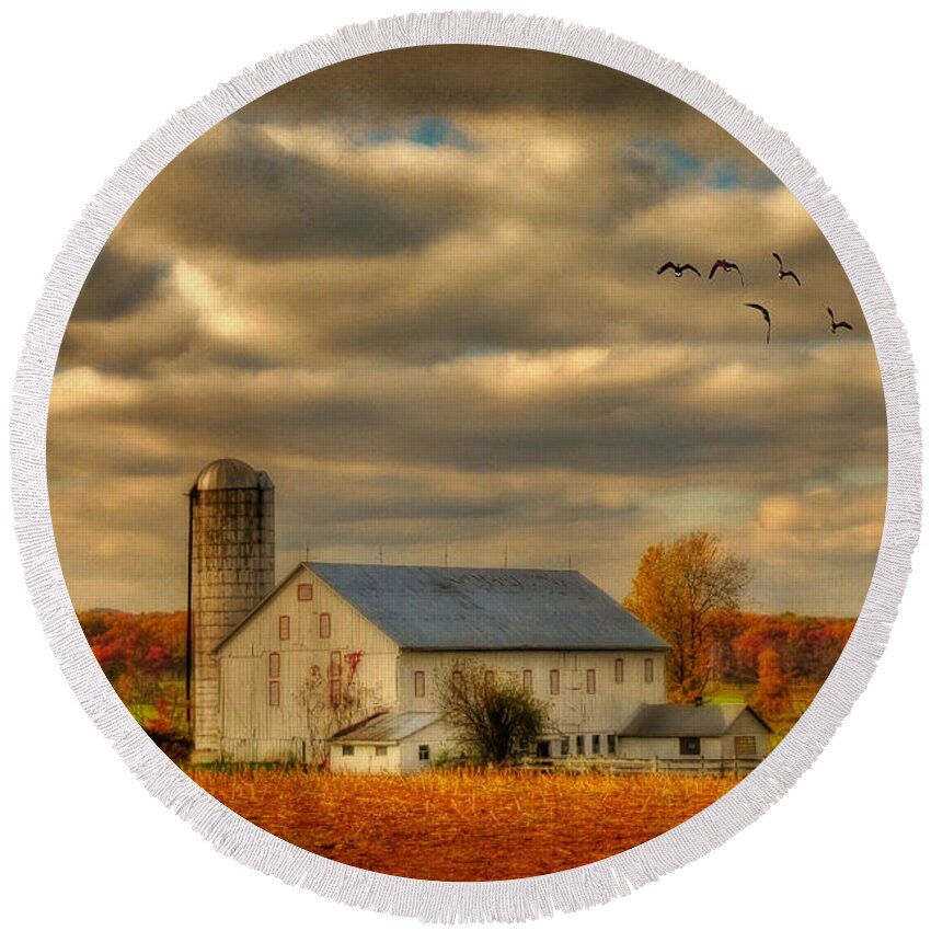 White Barn Round Beach Towel featuring the photograph South For The Winter by Lois Bryan