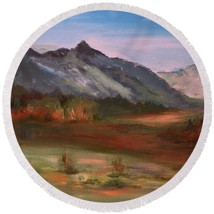 Fall Foggy Morning Round Beach Towel featuring the painting South Mountain by Julie Lueders 