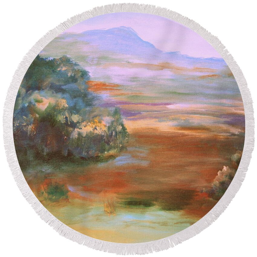 Fall Foggy Morning Round Beach Towel featuring the painting South Mountain second in the series by Julie Lueders 