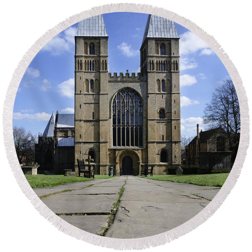Southwell Minster Round Beach Towel featuring the photograph Southwell Minster - road to salvation by Steev Stamford