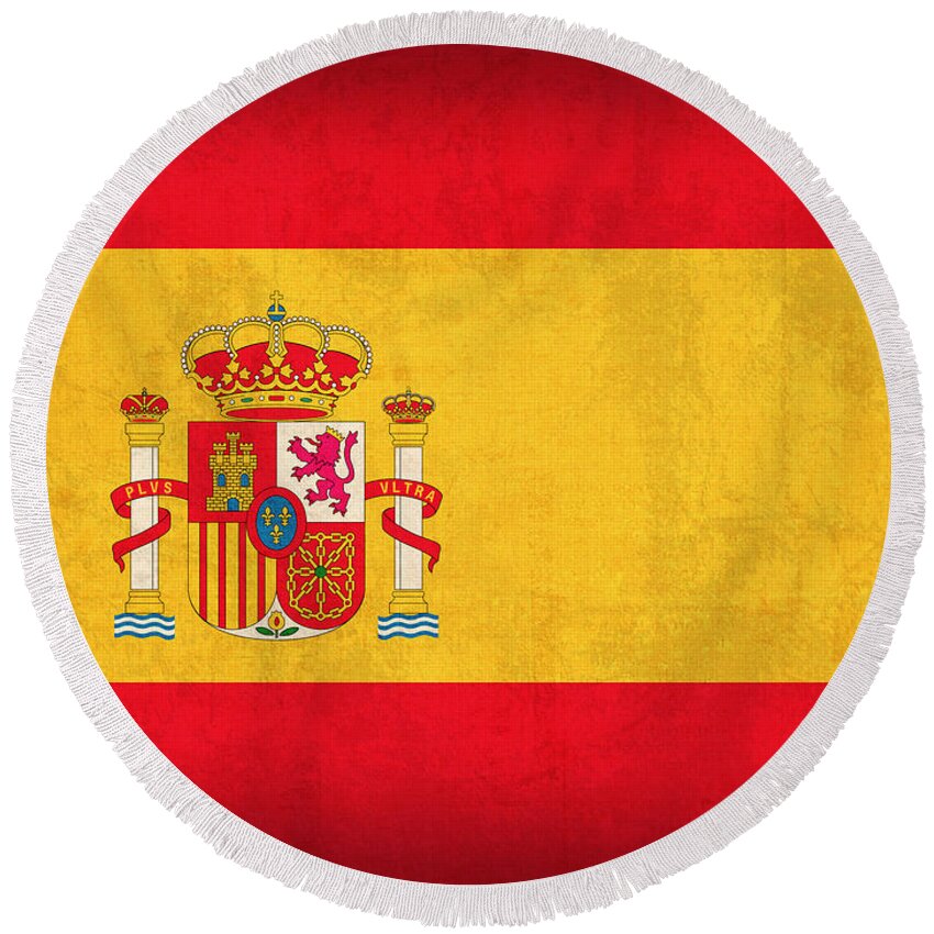 Spain Flag Vintage Distressed Finish Spanish Madrid Barcelona Europe Nation Country Round Beach Towel featuring the mixed media Spain Flag Vintage Distressed Finish by Design Turnpike