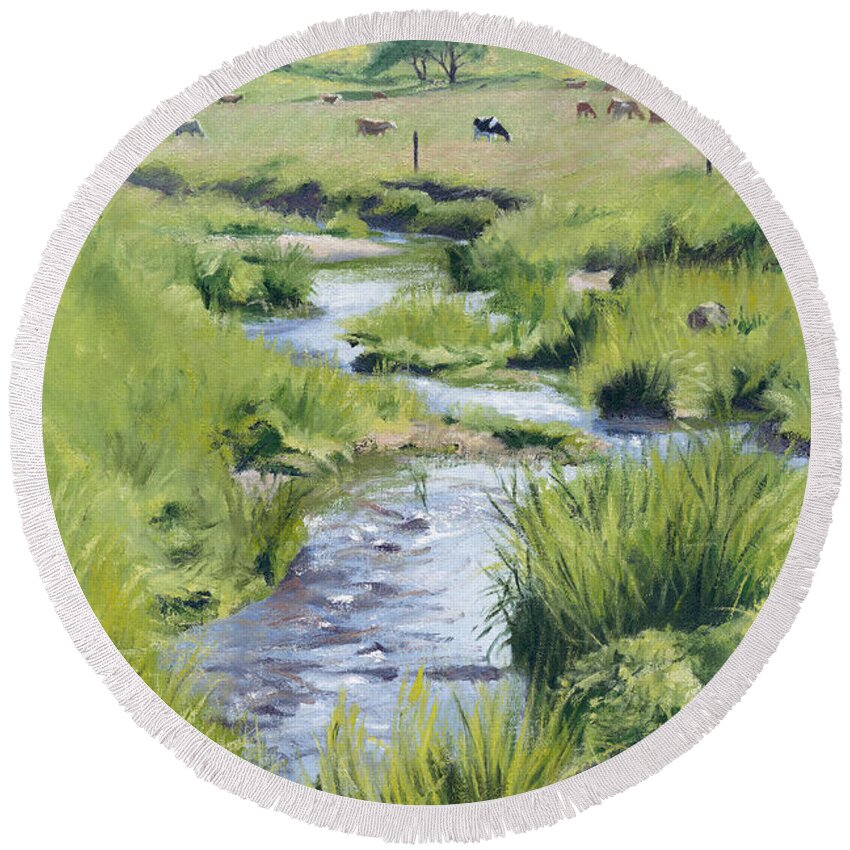 Vermont Round Beach Towel featuring the painting Spencer Hollow Meadow by Candace Lovely