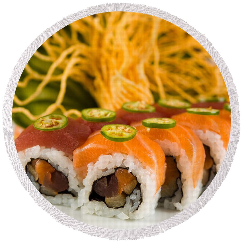 Asian Round Beach Towel featuring the photograph Spicy Tuna and Salmon Roll by Raul Rodriguez