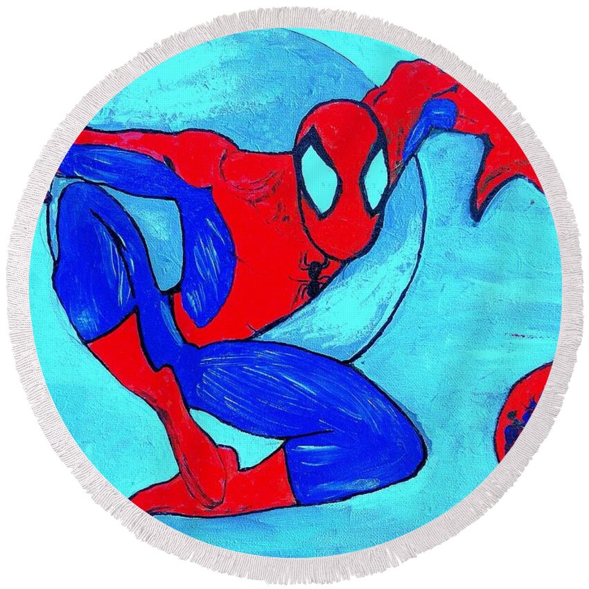 Spider-man Round Beach Towel featuring the painting Spider-Man by Saundra Myles