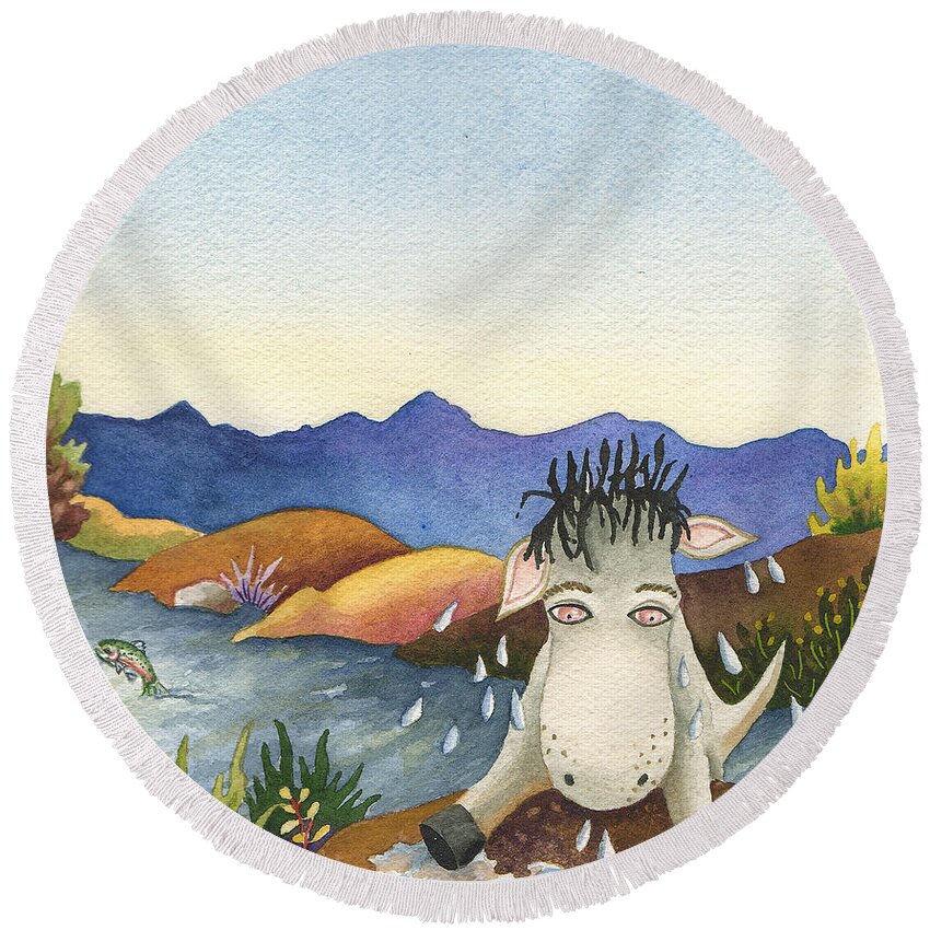 Spike The Dhog Painting Round Beach Towel featuring the painting Spike Isn't Much of a Swimmer by Anne Gifford