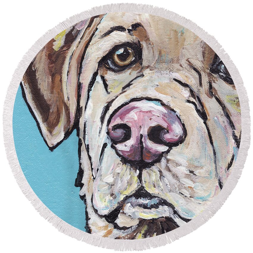 Yellow Lab Round Beach Towel featuring the painting Spike by Greg and Linda Halom