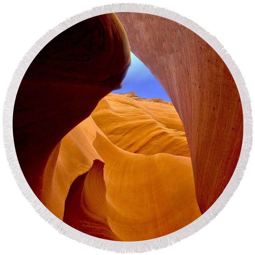 Antelope Canyon Round Beach Towel featuring the photograph Spiral Up by David Andersen