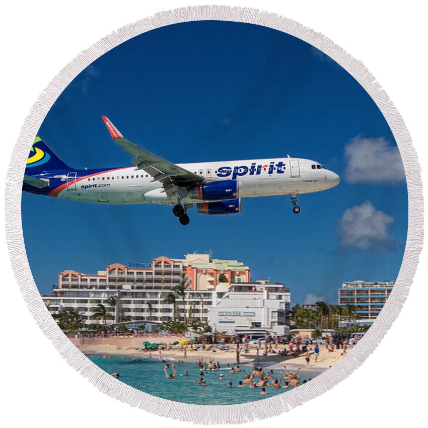 Spirit Round Beach Towel featuring the photograph Spirit Airlines low approach to St. Maarten by David Gleeson
