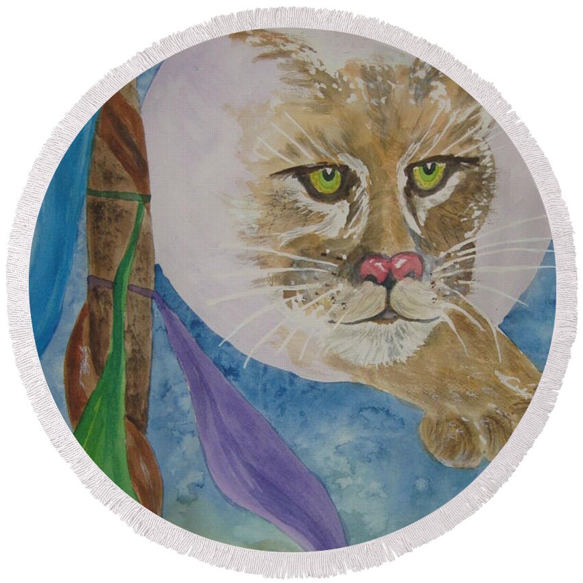 Cougar Round Beach Towel featuring the painting Spirit of the Mountain Lion by Ellen Levinson