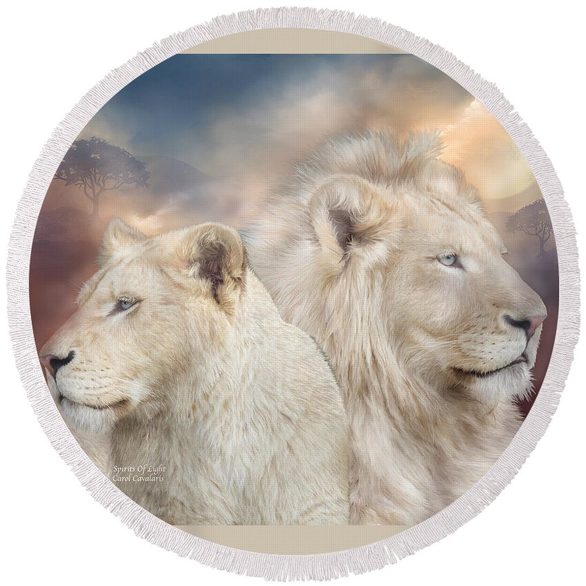 Lion Round Beach Towel featuring the mixed media Spirits Of Light by Carol Cavalaris