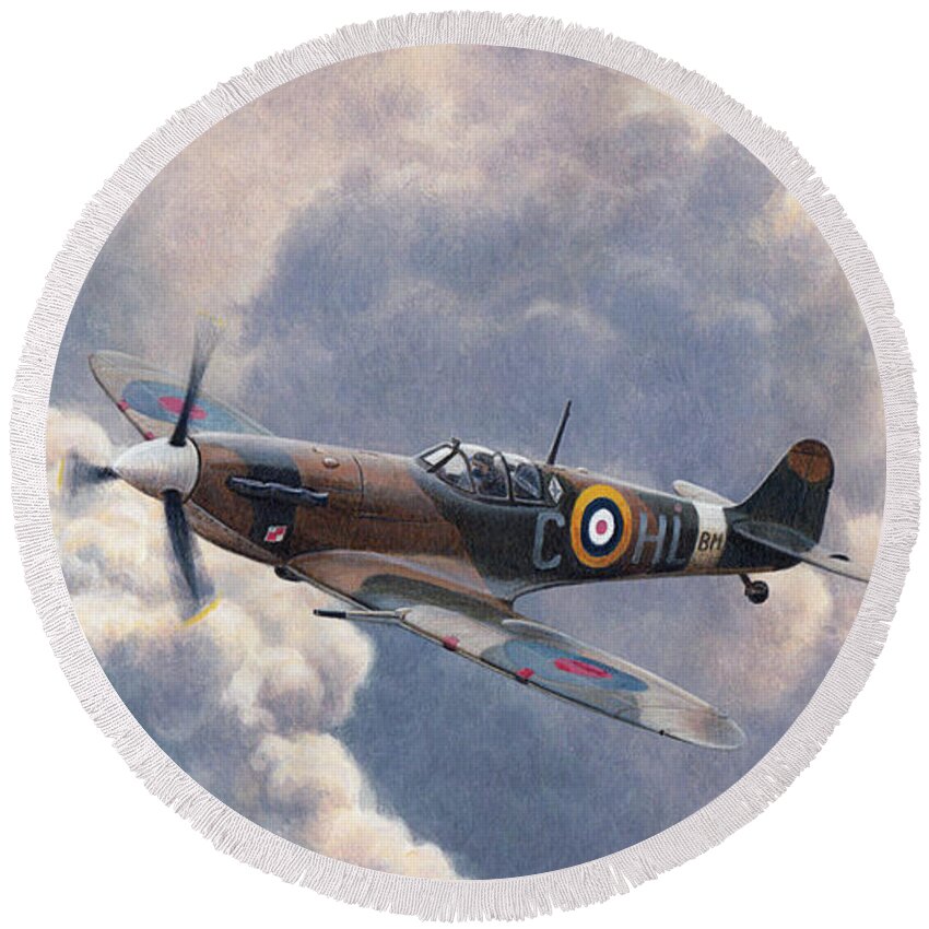 Adult Round Beach Towel featuring the photograph Spitfire Plane Flying In Storm Cloud by Ikon Ikon Images