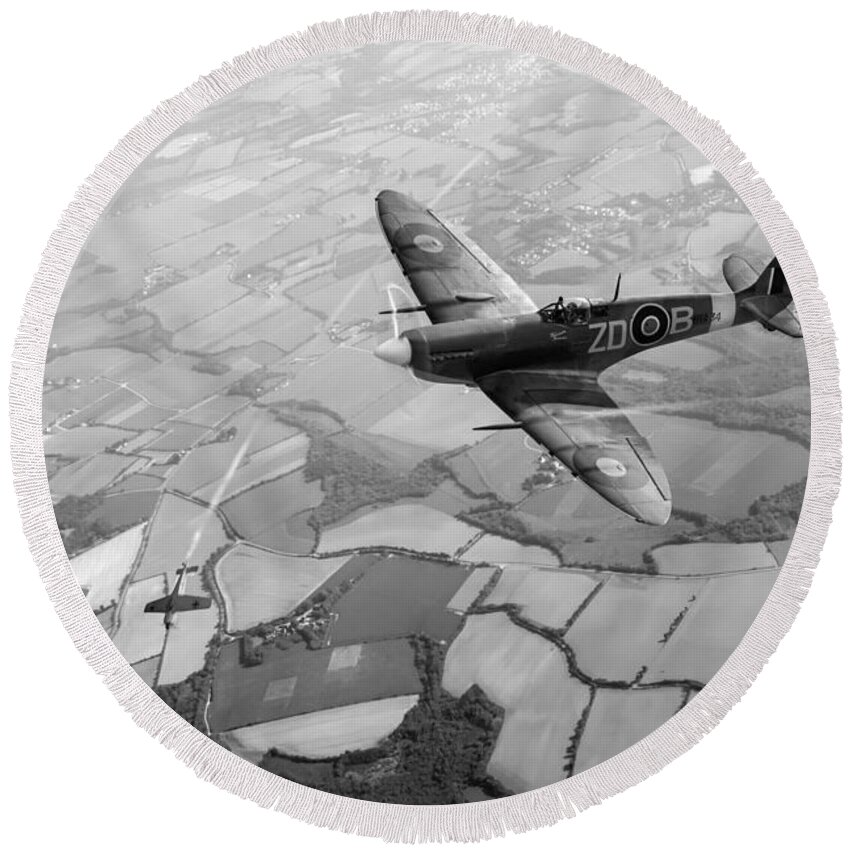 Spitfire Mk Ix Round Beach Towel featuring the photograph Spitfire victory black and white version by Gary Eason