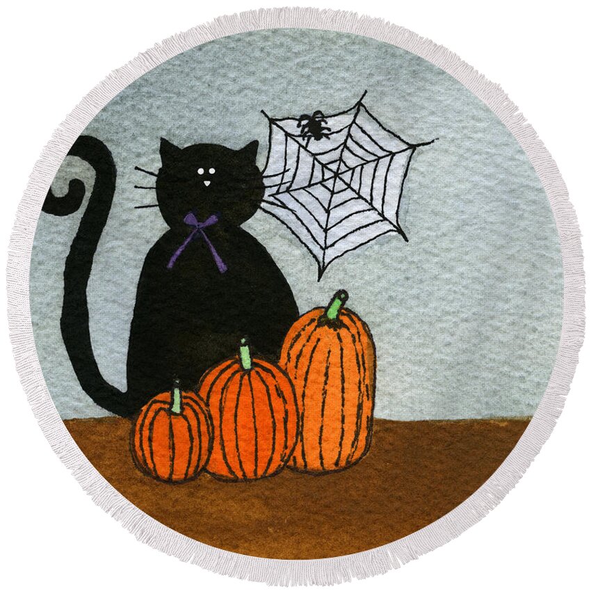 Black Cat Round Beach Towel featuring the painting Spooky Black Cat by Norma Appleton
