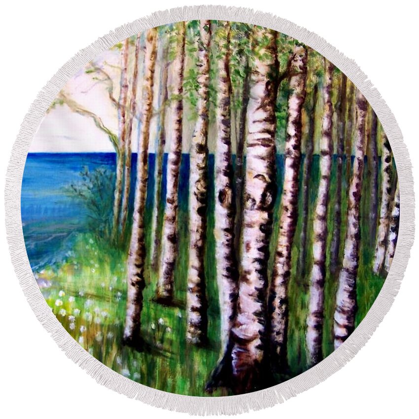 Oil Painting Round Beach Towel featuring the painting Spring Birch by Deb Stroh-Larson