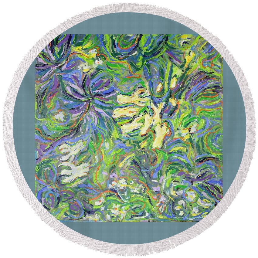 Abstract Round Beach Towel featuring the painting Spring Exuberance 2 by Zofia Kijak