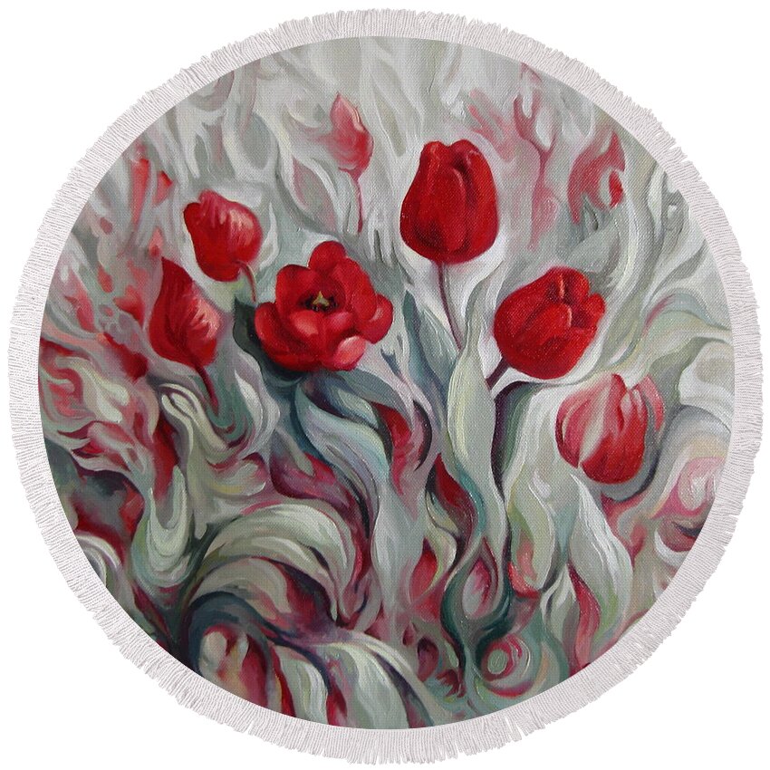 Tulips Round Beach Towel featuring the painting Spring gift by Elena Oleniuc