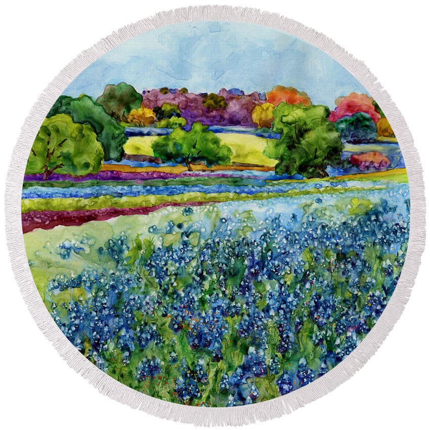 Bluebonnet Round Beach Towel featuring the painting Spring Impressions by Hailey E Herrera