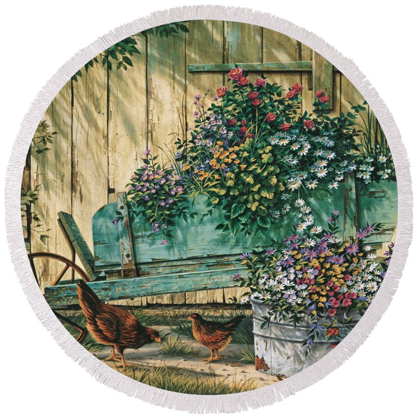 Michael Humphries Round Beach Towel featuring the painting Spring Social by Michael Humphries