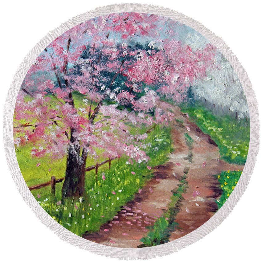 Spring Round Beach Towel featuring the painting Springtime Road by Meaghan Troup
