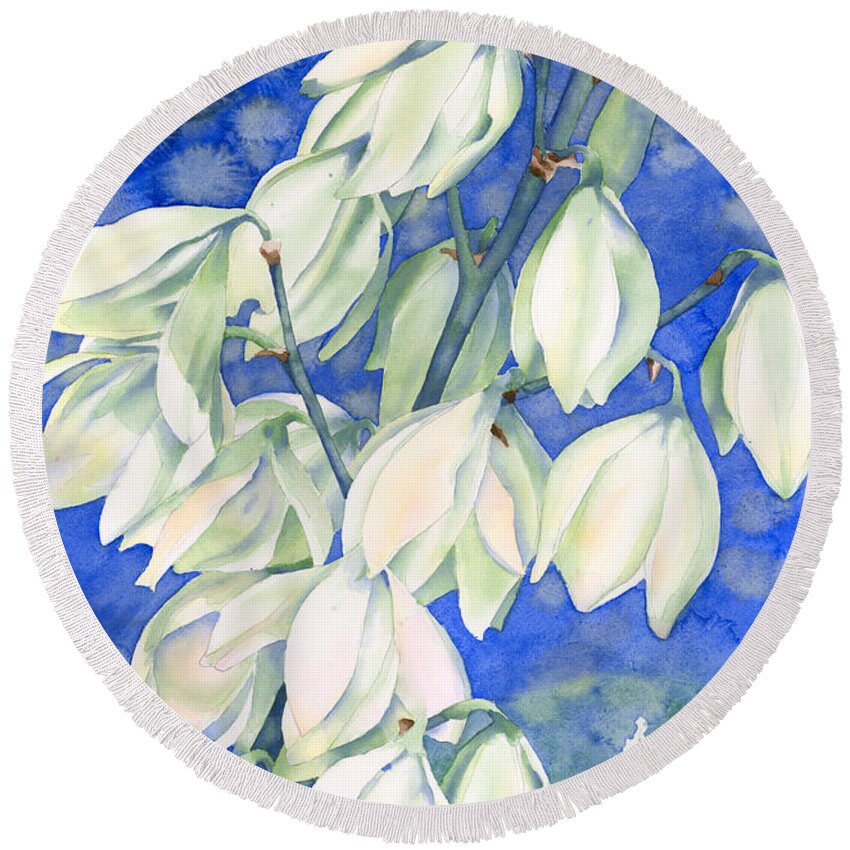 Yucca Blossoms Yucca Plants Round Beach Towel featuring the painting Springtime Splendor by Pauline Walsh Jacobson