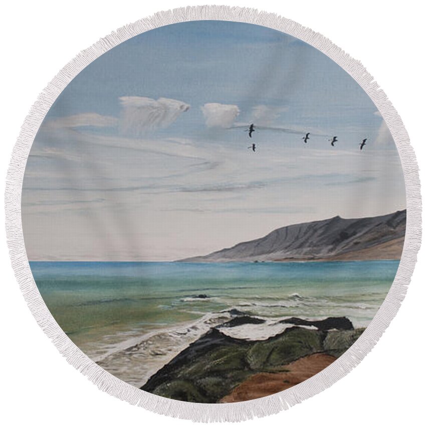 Pelican Round Beach Towel featuring the painting Squadron of Pelicans Central Califonia by Ian Donley