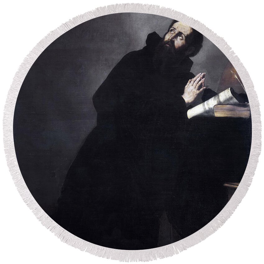 Jusepe De Ribera Round Beach Towel featuring the painting St Augustine in prayer by Jusepe de Ribera