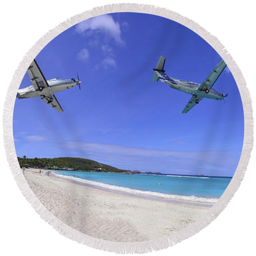 Airplane Round Beach Towel featuring the photograph St Barts Takeoff Pano by Matt Swinden