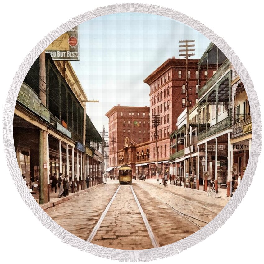 Unknown Round Beach Towel featuring the digital art St Charles Street New Orleans 1900 by Unknown