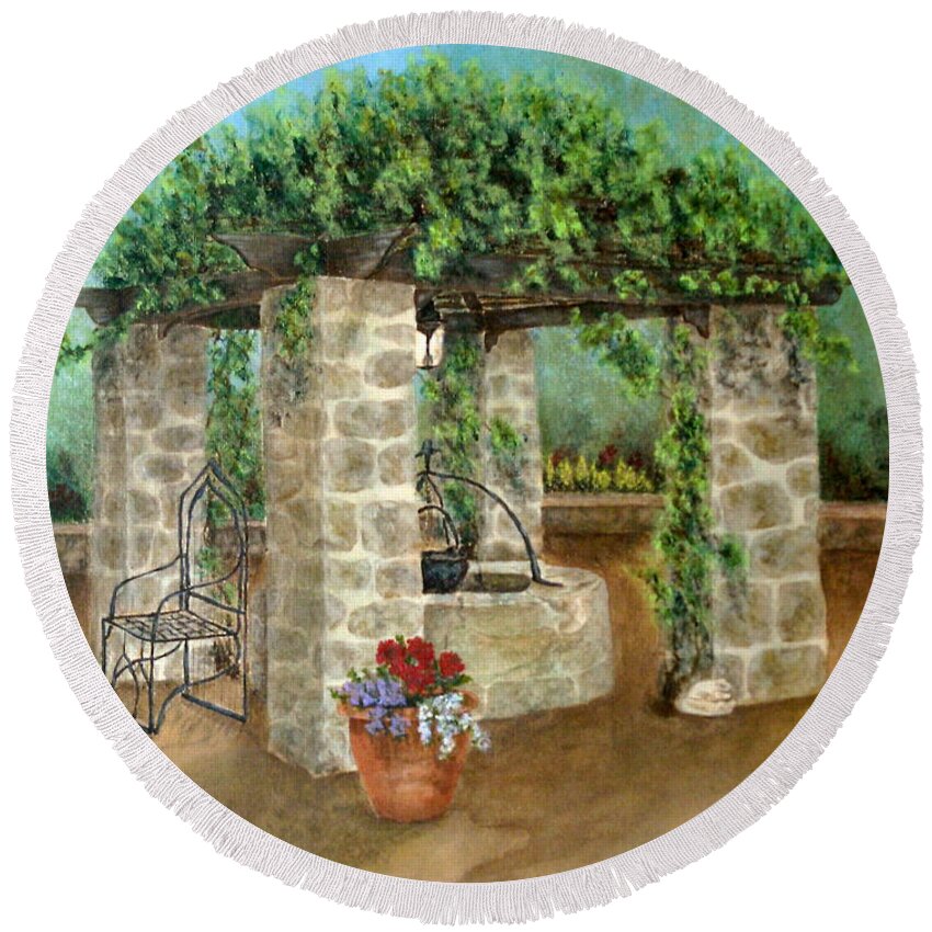Pamela Allegretto Franz Round Beach Towel featuring the painting St. Clement's Castle by Pamela Allegretto