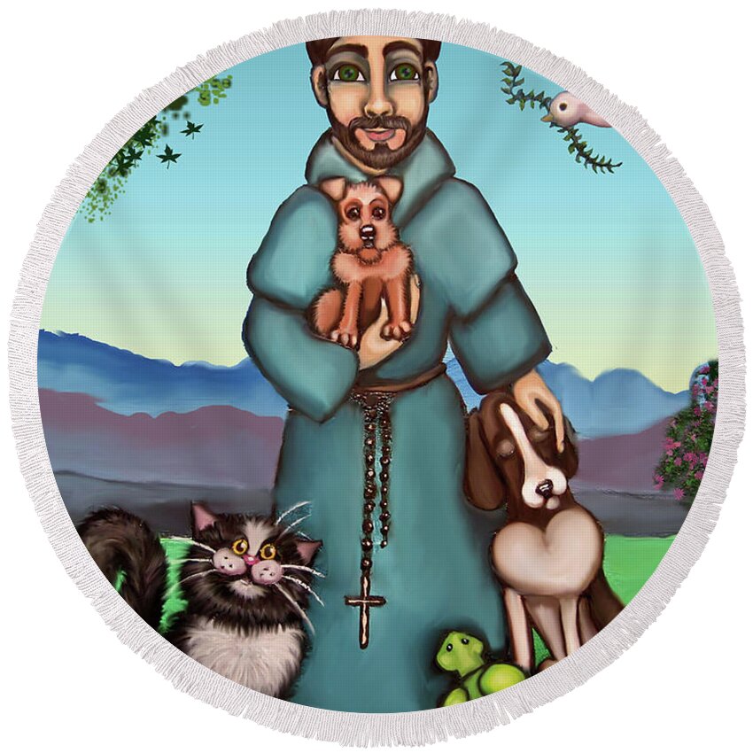 St. Francis Round Beach Towel featuring the painting St. Francis Libertys Blessing by Victoria De Almeida