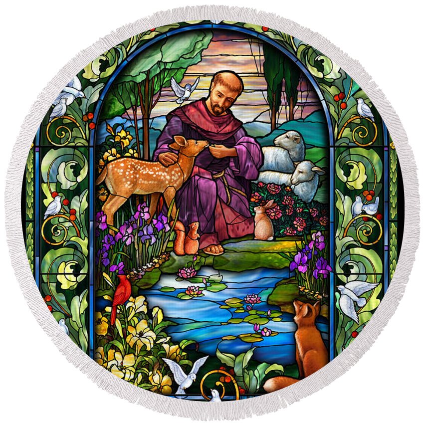 St. Francis Round Beach Towel featuring the digital art St. Francis of Assisi by Randy Wollenmann