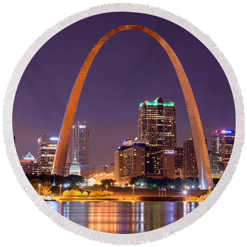 St. Louis Skyline Round Beach Towel featuring the photograph St. Louis Skyline at Night Gateway Arch Color Panorama Missouri by Jon Holiday