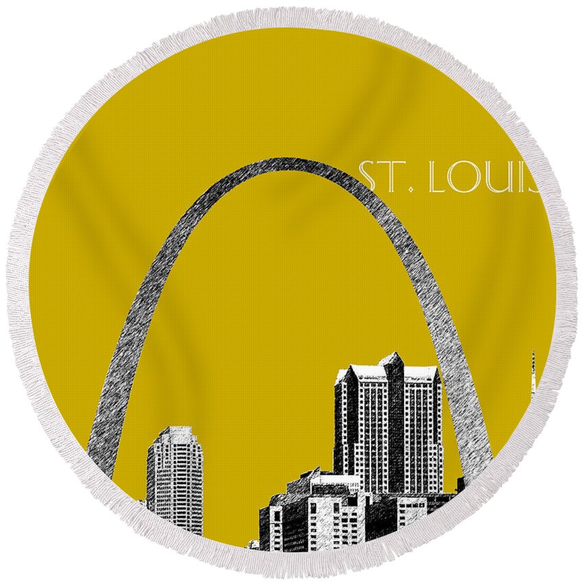 Architecture Round Beach Towel featuring the digital art St Louis Skyline Gateway Arch - Gold by DB Artist
