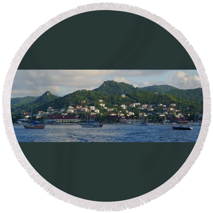  Round Beach Towel featuring the photograph St. Lucia - Cruise - Three Boats by Nora Boghossian