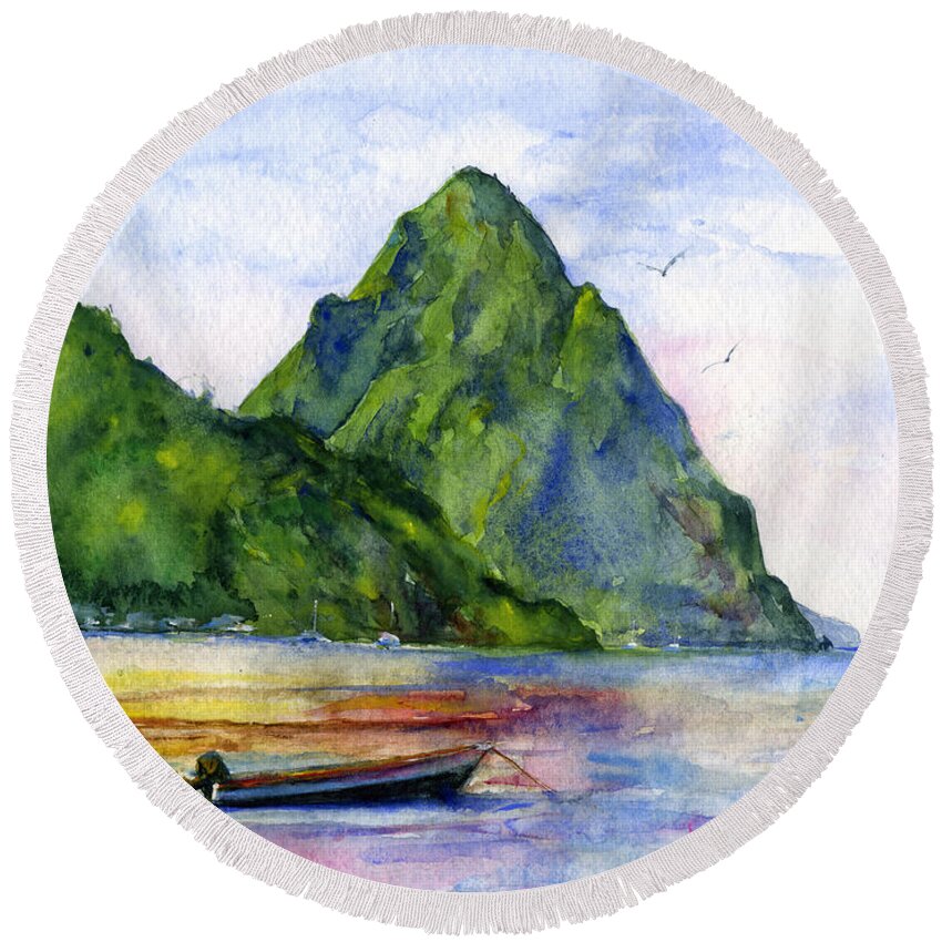 Island Round Beach Towel featuring the painting St. Lucia by John D Benson