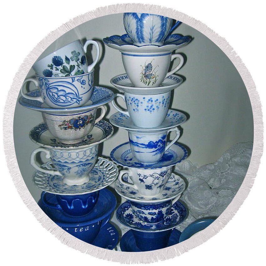 Stack Of Blue Tea Cups Round Beach Towel featuring the photograph Stack of Blue Teacups by Nancy Patterson