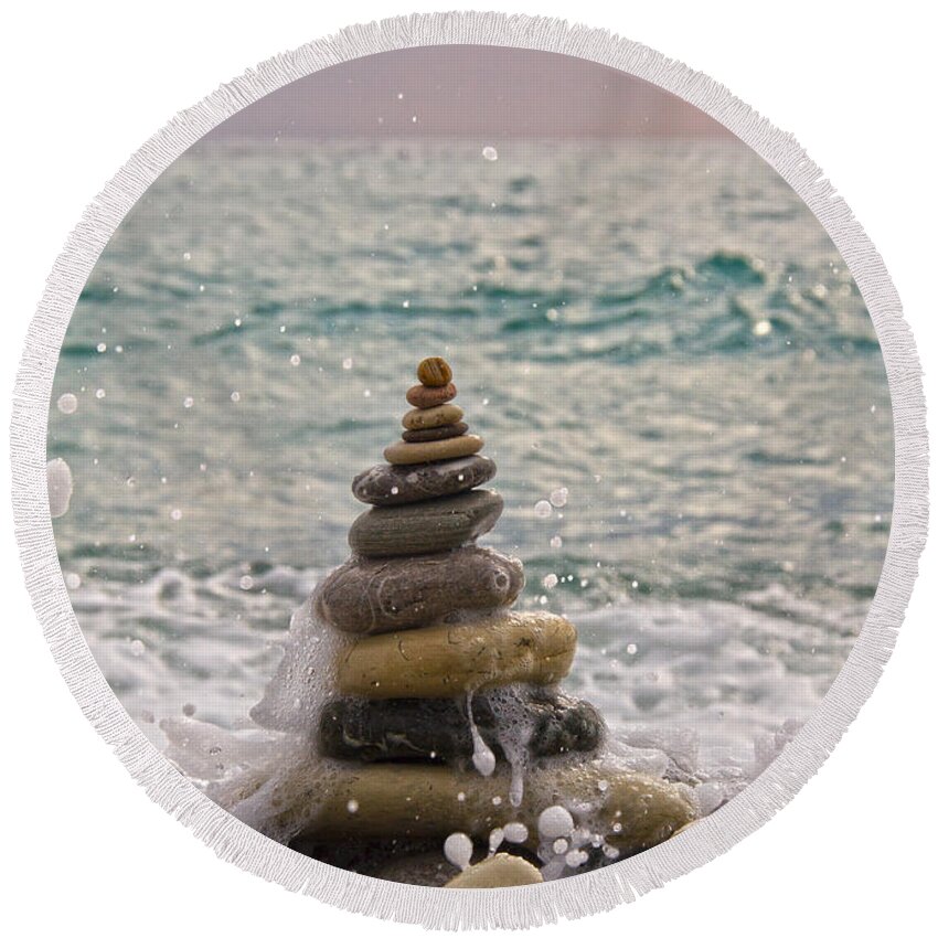 Beach Round Beach Towel featuring the photograph Stacking Stones by Stelios Kleanthous