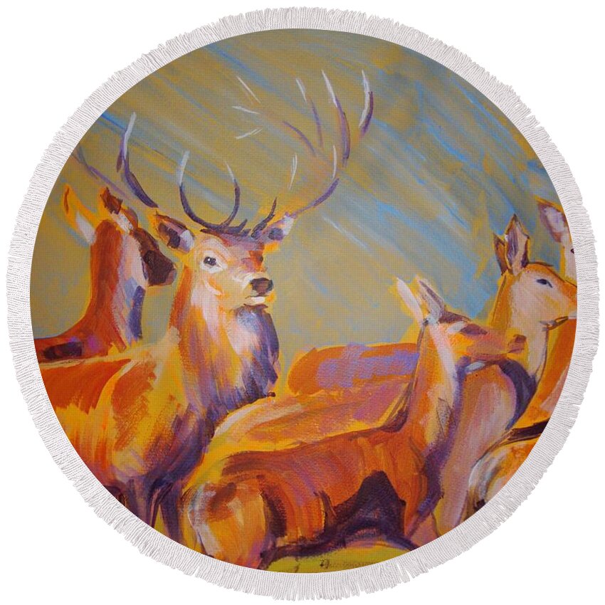 Deer Round Beach Towel featuring the painting Stag and Deer Painting by Mike Jory