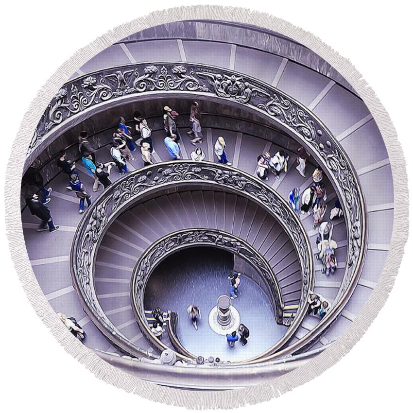 Vatican Museums Interiors Round Beach Towel featuring the painting Stairway in Vatican Museum by Stefano Senise