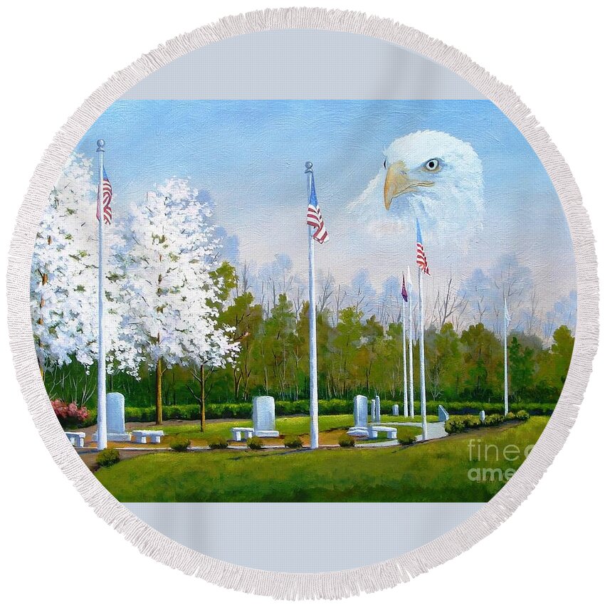 Landscape Round Beach Towel featuring the painting Standing Guard over Veterans Park by Jerry Walker
